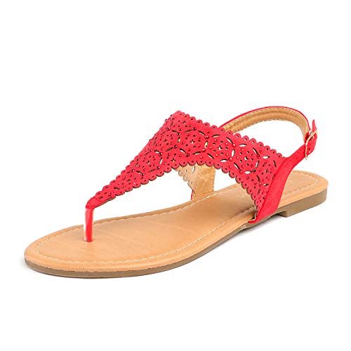 DREAM PAIRS Medinie Women Rhinestone Casual Wear Cut Out Flat Sandals Red Size 10