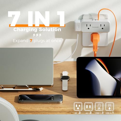 Surge Protector Outlet Extender, TESSAN Multi Plug Splitter with 4 Electrical Outlets 3 USB Blocks(2 USB C), Flat Multiple Wall Plug Expander for Bathroom Home Office Dorm Room Essentials - Image 3