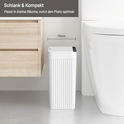 EKO Brio Sensor Mülleimer Bad 10L, Automatischer Berührungsloser Badezimmer-Mülleimer, Wasserdicht, Schlanker Abfalleimer mit Seitlicher Öffnung, für Bad, Schlafzimmer und Wohnzimmer, Weiß