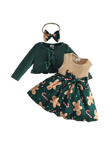 inhzoy 3er Baby Weihnachten Kleidung Set Mädchen Kleid Mit Bolero ärmelloses Tutu Kleid Langarm Strickjacke Und Stirnband Dunkelgrün 74-80