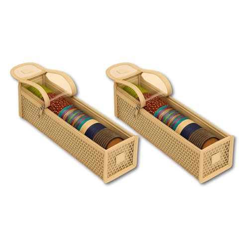 Image of Single Rod Bangle Box for Women | Removable Hardboard Chudi Organizer with Transparent Lid | Jewellery & Watch Storage Case for Home, Wedding & Travel | (Set of 2) (Beige)