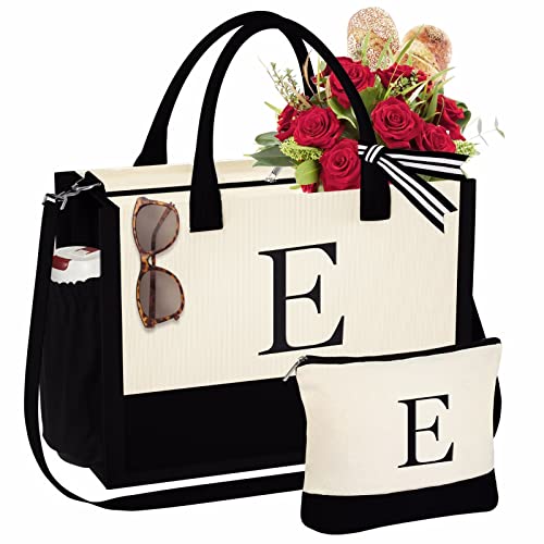 YOOLIFE Personalized Birthday Gifts for Women - Embroidery Monogrammed Large Beach Canvas Tote Bag Makeup Bag Gifts for Women Mom Teacher Friends Female Bridesmaids Mothers Day Graduation Gifts E