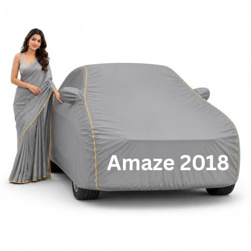 Image of 100% Waterproof Car Cover for Amaze 2018 All Weather Protection with Mirror Pocket Inner Cotton Layer Triple Stitched Cover with Adjustable Belt Bottom Elastic to Secure Fit-Grey