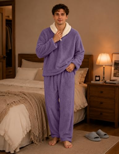 Image of Mens Fluffy Coral Fleece Pajamas Set Pullover Pants Loose Plush Warm Loungewear Sleepwear