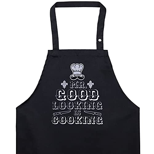 EXPRESS-STICKEREI Delantal cocina hombres: MR GOOD LOOKING IS COOKING Ajustable, ideal para Herren/Ehemann y maestro parrillero. Regalo para el maestro cocinero