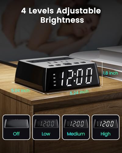 Image of Alarm Clock with USB Charger JACKYLED Power Strip Total 4.8A USB Ports LED Full Screen Surge Protector 6.5ft Cord 4 Dimmer for Heavy Sleepers Compatible with Phone Tablet Computer Black Silver