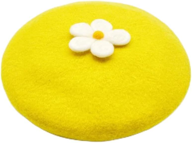 Female Cute Fresh Daisy Flowers Handmade Felt Berets Gift Quality Colorful Sweetie Women Beanie Hat(Black)
