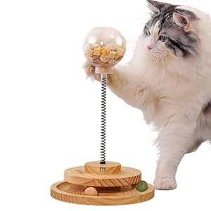 Marchul KatzenSpielzeug mit Futterball Snackball, Katzen Spielzeug Roller Tracks mit Drehteller, Interaktives Katzenspielzeug Aus Holz, Katzen Futterautomat Spielzeug mit Leckerli Ball