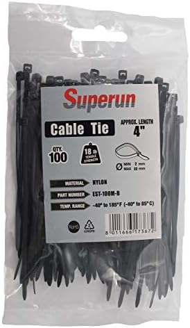 Superun Black Zip Ties 4 Inch, 18 Lbs Tensile Strength Wire Ties (Industrial Grade Cable Ties) Pack of 100