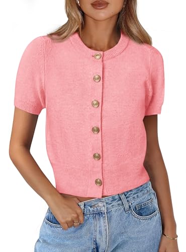 PRETTYGARDEN Womens Casual Summer Short Sleeve Cardigans 2025 Button Down Knitted Sweater Basic Crew Neck Crop Tops (Pink,Large)