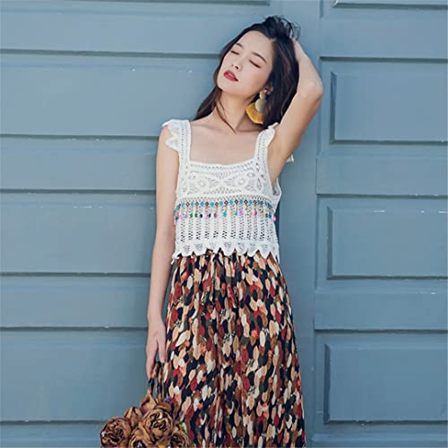 Women Beach Ruffle Sleeveless Crop Top Boho Hollow Crochet Knit Square Neck Camisole Crystal Beaded Tassel Vest3
