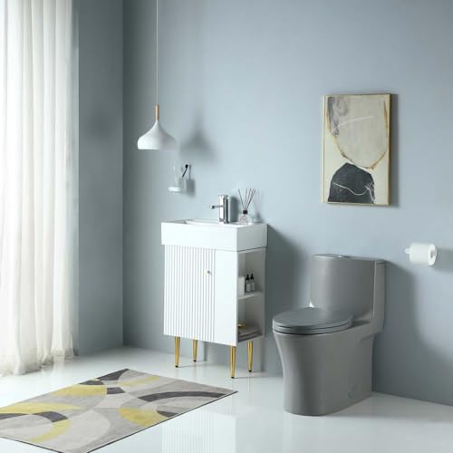 Inodoro moderno gris de una pieza, tipo alargado, con sistema de doble descarga (1.1/1.6 GPF), asiento de cierre suave y fácil instalación miniatura 6