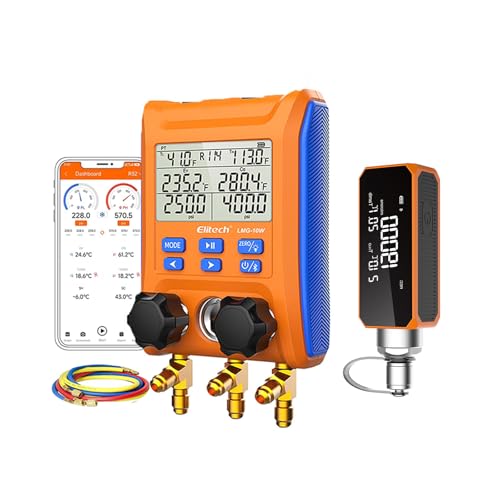 Kit de Diagnóstico HVAC Inteligente Elitech - Conjunto Inalámbrico de Manómetros Digitales LMG-10W con Abrazaderas y Vacuómetro VGW-Mini - Supercalefacción/Subenfriamiento Automático, Control por App para Reparación de Aire Acondicionado miniatura 1