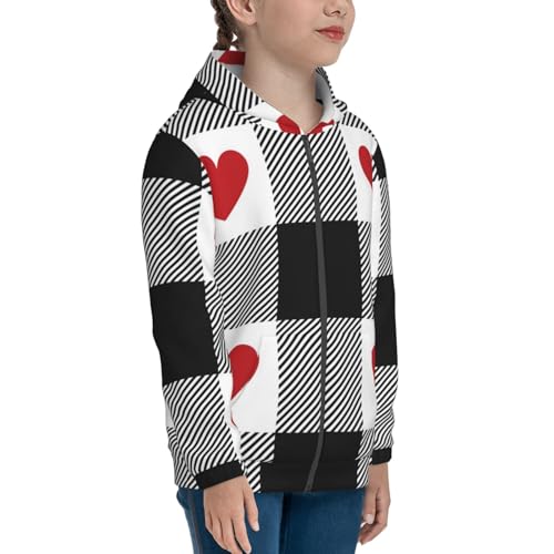 Heart Black Buffalo Plaid Gingham Kids Pullover Hoodies Boys Zip Up Sweatshirts Girls Athletic Clothes with Pocket4