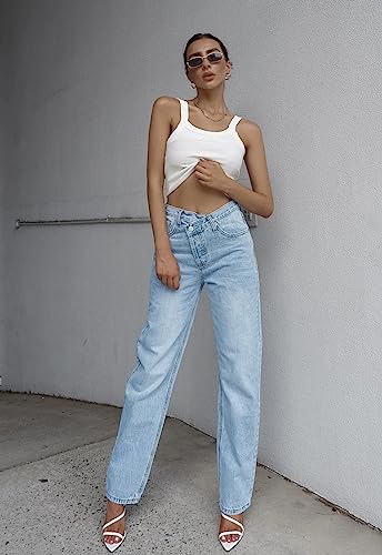PLNOTME Women's Low Waisted Jeans Trendy Straight Leg Boyfriend Crossover Casual Denim Pants4