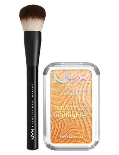 NYX Professional Makeup Illuminante Buttermelt Highlighter 30 Butta Bling in Polvere Sfumabile Stratificabile Finish Perlato + Pennello Viso Pro Brush Buffing Multiuso Professionale - Set da 2