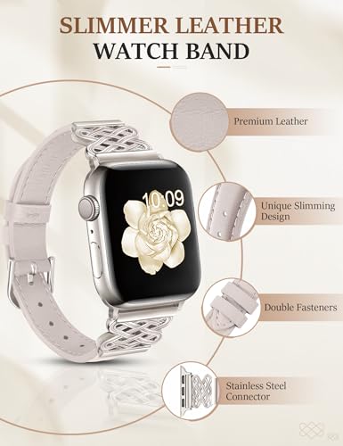 Image of Newlibery Leather Band for Women Slim Dressy Bands Compatible with Apple Watch 38mm 40mm 41mm 42mm 44mm 45mm 49mm, Designer Interlock Buckle Strap for iWatch Series 10 /9 /8 /7 /6 /5 /4 /3 /2 /1 /SE /Ultra