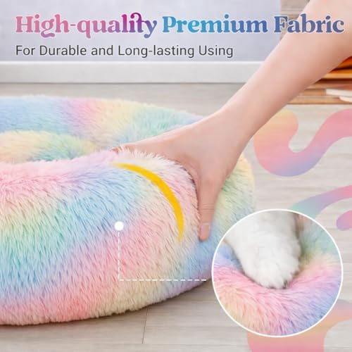 Image of ZEXSAZONE Summer Rainbow Plush Dog Bed - Anti-Anxiety Round Donut Pet Bed with Raised Edges | Soft Faux Fur Calming Bed for Puppies, Cats & Small Dogs | Machine Washable