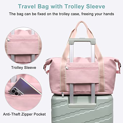 Dmluna Travel Duffel Bag, Tote Sports Gym Bag, Shoulder Overnight Weekender Bag For Women & Men, Hospital Bag, Expandable Duffel Bag With Trolley Sleeve/Wet Pocket, Rose Gold #TOP3