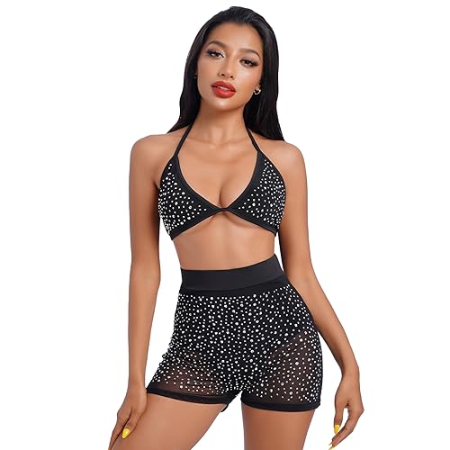 Women Sparkle Rhinestone Mesh Sheer Bikini Sets Halter Bra Top High Waist Shorts Bottom Swimsuits Rave Outfit3