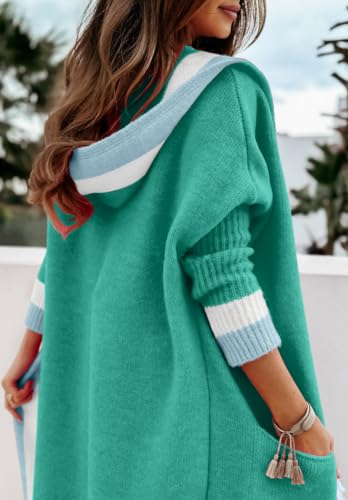 Image of Women's Fall Casual 2026 Color Block Open Front Cardigan Oversized Hooded Long Coatigan Coat Sweaters