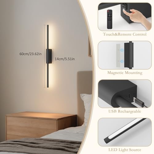 Image of 23.6In Battery Operated Wall Sconces Set of Two,10000mAh Rechargeable Sconce 3 Colors Dimmable Wireless Sconces for Living Room