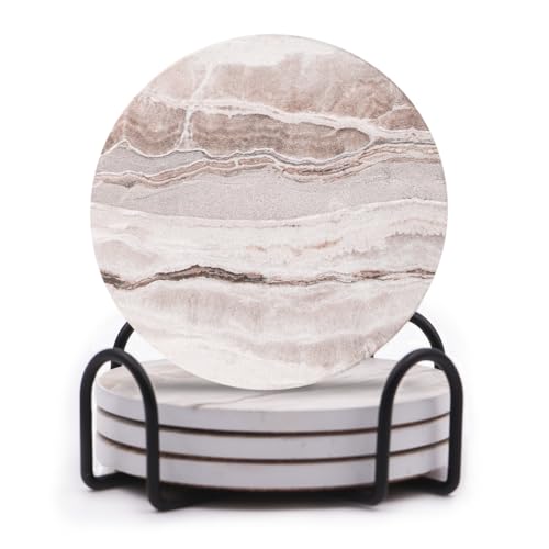 LIFVER Absorbent Coaster Sets of 4, Drink Coasters with Holder, Marble Style Ceramic Drink Coaster for Tabletop Protection, Suitable for Kinds of Cups, Wooden Table, Cool Home Decor, 4 Inches