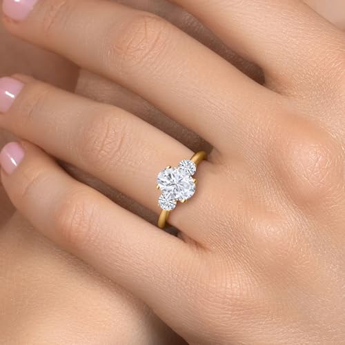 Gem Stone King 18K Yellow Gold Plated Silver Personalized and Customized Oval 9X7MM and Round 4MM Gemstone 3-Stone Birthstones Engagement Ring For Women4