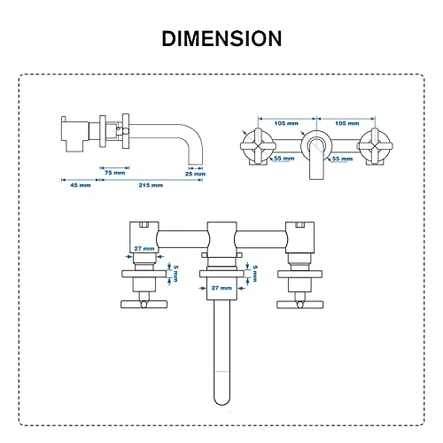 Eglgcc Wall Mount Bathroom Faucet Matte Black 2 Double Cross Handle 3 Three Hole 8 Inch Long Spout Widespread Vessel Sink Faucet Lavatory Vanity Cold Hot Water Mixer Bar Tap #TOP5