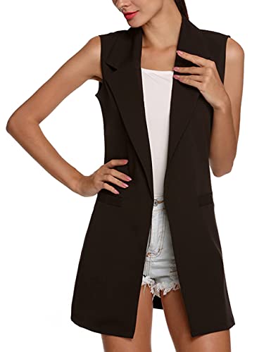 SCUSTY Women's Sleeveless Cardigan Vest Casual Long Open Front Office Blazer Jacket