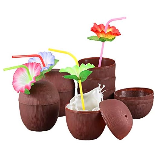 Nuenen 6 Pieces Coconut Cup Plastic Hawaii Party Cups with 6 Pieces Plastic Colorful Hibiscus Flower Straws for Hawaiian Luau Kids Party Summer Beach Party Theme Party Decoration or Fun Drink