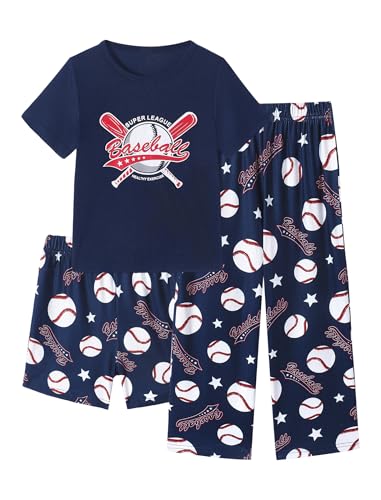 Mikrdoo Boys Summer Pajamas Loose Fit 3 Piece Stretchy Comfort Sleepwear Short Sleeve PJs Navy Blue Baseball Size 5T
