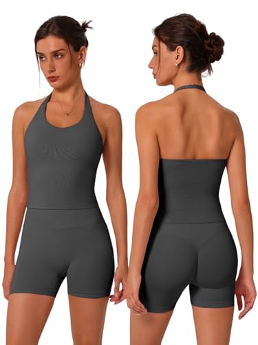 Image of ABOCIW Workout Sets for Women 2 Piece seamless Halter Sports Bra Scrunch Butt Impact Shorts Gym Yoga Outfits