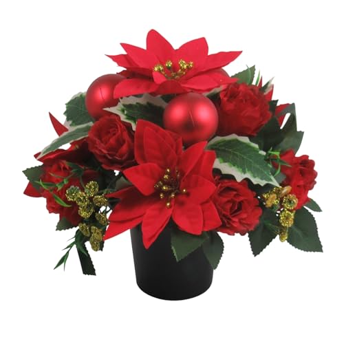Christmas grave flower arrangement in grave pot with with poisettias and large rosebuds - with Christmas Baubles - Memorial Bouquet Arrangements for Xmas Graveside Cemetary (Poinsettias and red roses)