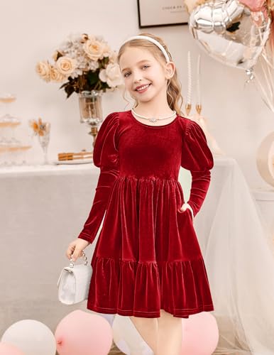 Arshiner Toddler Velvet Dress Girls Puff Long Sleeves Crew Neck Party Fall Winter Ruffle Dresses with Pockets 2-8Y4