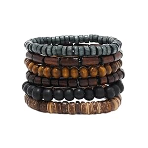 6 Pack Wooden Bead Bracelet for Men – Coconut Shell Beaded Bracelets Mens Jewelry Set – Multi-Layer Elastic Natural Wood Wrist Bracelets – Stackable Beaded Wristbands for Daily Wear & Gifts