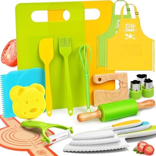 Montessori Kitchen Tools for Toddlers-21PCS Kids Cooking Sets Real-Montessori Cooking Set for Toddlers Kids Chef Set with Children Safe Knives Cutting Set
