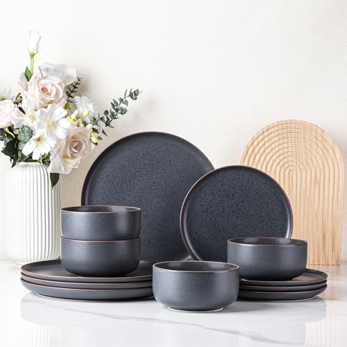 Image of LERATIO Stoneware Dinnerware Sets for 4,Handcarft Ceramic Plates and Bowls Sets,Chip and Scratch Resistant Dishes, Dishwasher & Microwave Safe, Oven safe,Reactive Glaze-Speckled Ashen