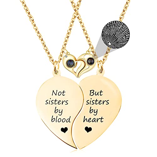 MJartoria BFF Necklace for 2-Split Heart Necklace Not Sisters by Blood Pendant Best Friend Friendship Necklace Set of 2 Valentines Day Gifts for Her (Gold, B-Heart 100 languages)