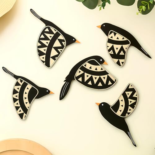 Image of GiftOday Wooden 3D 5 Pieces Birds for Wall Art Panel | Wood Bird Folk Art Wall Hanging Art Decoration Item for Living Room, Bedroom, Drawing Room, Dining Room & Office (Black) Pack of 1