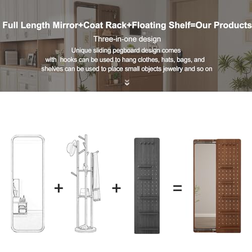 Image of KungFuWood Full Length Mirror with Shelf and Hooks,Entry Way Mirrors for Wall,Wall Mirror with Shelf,Wall Mirror with Storage Multifunctional Design Panel,Living Room (Walnut, 63 inch L x 18 inch W)