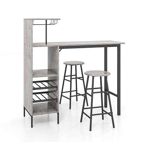 HOMASIS Table de bar avec 2 tabourets de bar, table de salle à manger avec supports pour verres à vin et étagères pour 6 bouteilles de vin, table bistro...