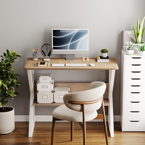 Image of Ascom Modern Engineerred Wood Computer Desk with Built-in Bookshelf| Compact & Elegant Desing Table| Space Saving| Ideal for Study, Office Workings| Dark American Oak Top and White Frame| 100x50x78cm