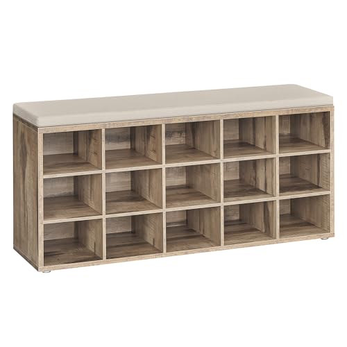VASAGLE Banc à Chaussures, Organiseur de Chaussures avec 15 Compartiments, Siège Rembourré, pour Entrée, Couloir, Placard, Marron Camel et Beige Cappuccino LHS015K03