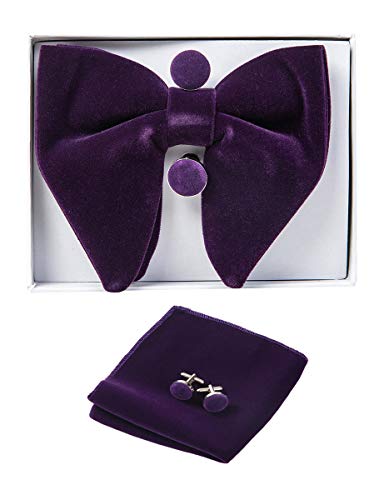 Image of GUSLESON Mens Solid Plaid Velvet Pre-tied Adjustable Bow Tie and Pocket Square Cufflink Set with Gift Box