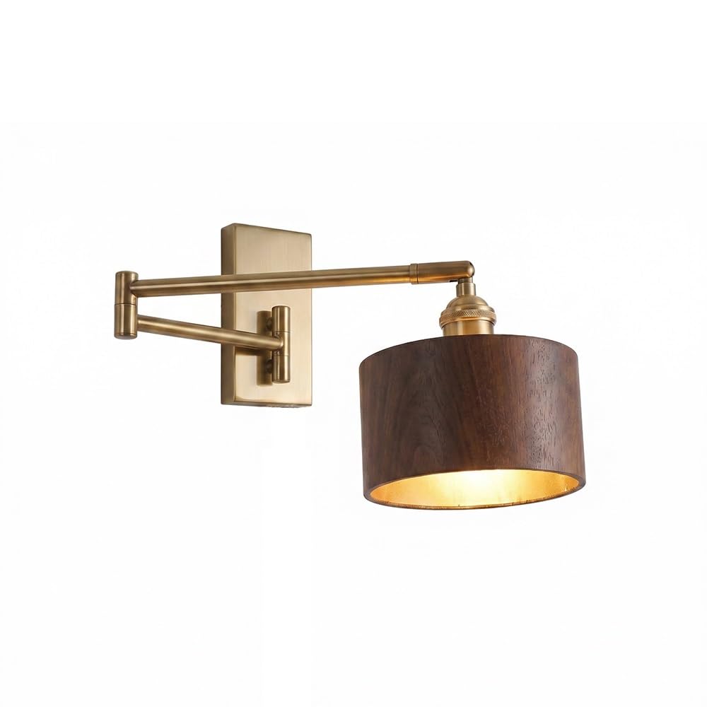 ITOSUI Swing Arm Wall Sconce with Solid Wood Shade Gold Metal Base Adjustable Reading Wall Lamp Hardwire Connection Bedside Lamp for Bedside Bedroom Study Living Room Hallway E26 Base(Walnut,1-Pack)