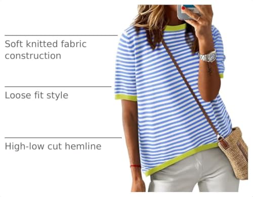 Image of Dokotoo Womens Tops 2026 Casual Summer Crewneck Short Sleeve Striped Color Block Knit High Low Trendy Pullover Sweaters