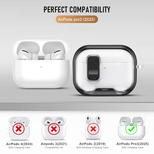 Image of Compatible Airpods Pro 3 Case (2025) with Phone Stand & Cleaner Kit,Print Soft Silicone Lock Clip Apple AirPods Pro 3rd Generation Case, Airpod Pro 3 Cover with Keychain for Women /Girls,Black