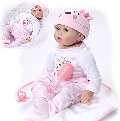 ZXCVBNM Muñeca Renacimiento 22 Pulgadas, Muñeca Realista De Silicona, Muñeca Renacimiento Niña con Vestido Rosa