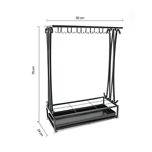 AcornFort U1021 - Portaombrelli in metallo extra large, 21 fori rettangolari, con 24 ganci e vassoio per perdite d'acqua piovana, 70 x 50 x 24 cm, colore: Nero